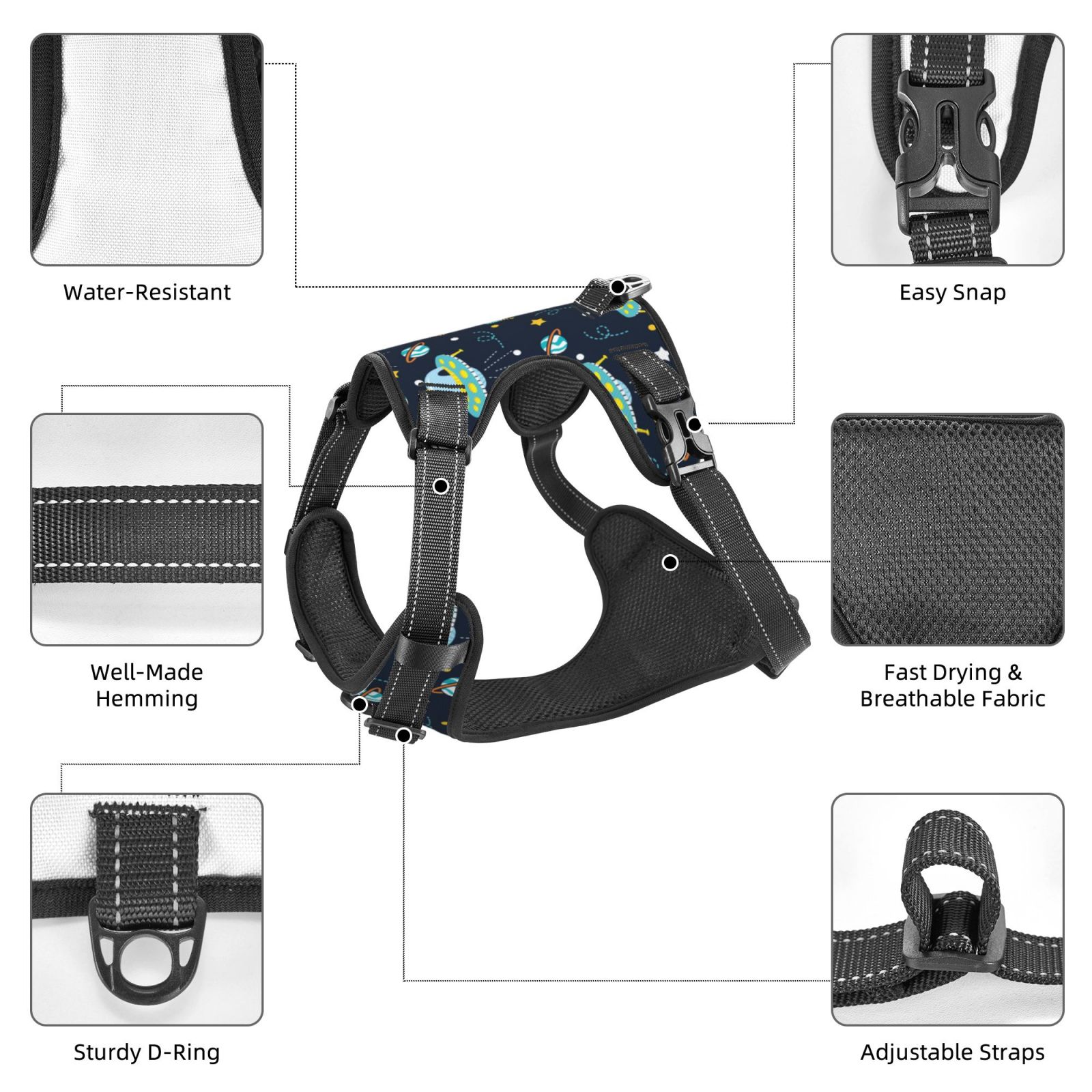 Kdxio Galaxy With Ufo Print No Pull Dog Harness Adjustable Reflective Oxford Easy Control Medium Large Dog Harness for Training and Everyday-Medium