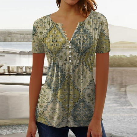 Giftesty Blouses for Women Dressy Casual Clearance Women s V-Neck Casual Short Sleeve Printed Buttoned Basic Ruched Corset Tunic Tops Pleated T-shirt Blouses