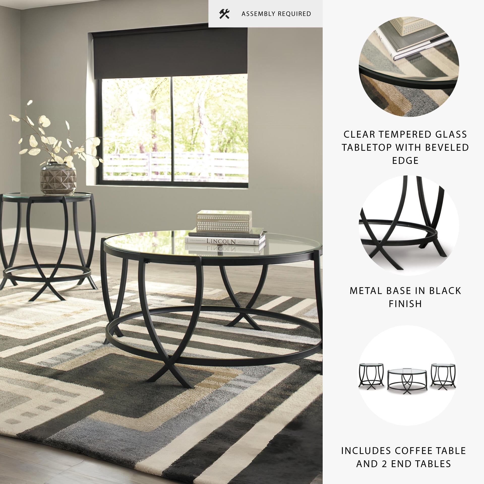 Signature Design by Ashley Tarrin 3-Piece Occasional Table Set, Black, Modern Coffee Table and 2 End Tables with Glass Tops