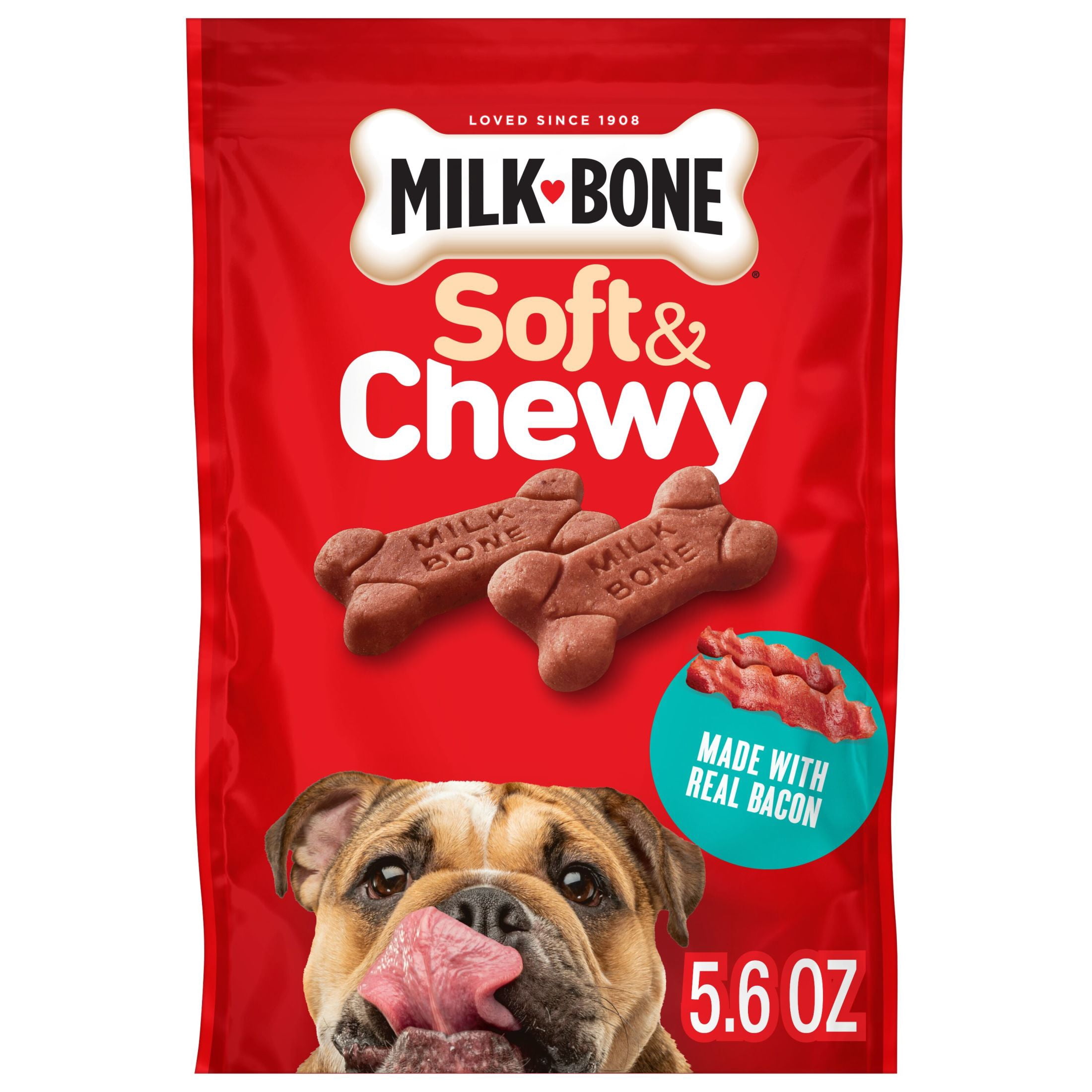 (4 pack) Milk Bone Soft & Chewy Dog Treats, Made with Real Bacon, 5.6 oz Pouch