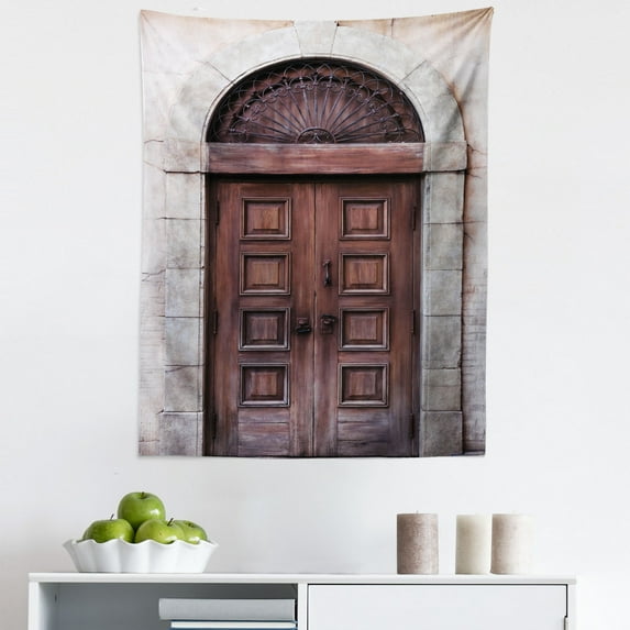 Rustic Tapestry, Arched Wooden Venetian Door with Eastern Royal Ottoman Elements European Culture, Fabric Wall Hanging Decor for Bedroom Living Room Dorm, 5 Sizes, Brown Cream, by Ambesonne