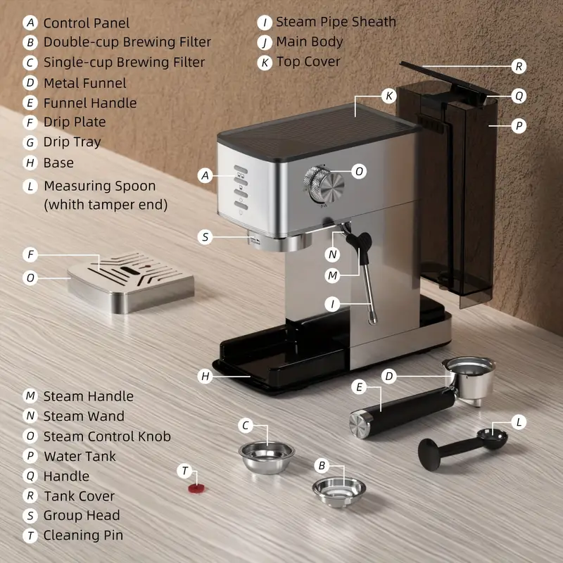Auseo 20 Bar Espresso Machines, Espresso Coffee Maker with Milk Frother Steam Wand, 1.4L Removable Water Tank, Nespresso Capsules Compatible & Ground Coffee, Silver