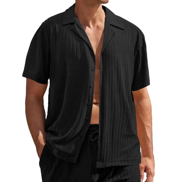 Mens Casual Manga Corta Botón Abajo Camisas de Moda Botón Sólido Turndown Cuello Blusas, Camisa Ligera Casual