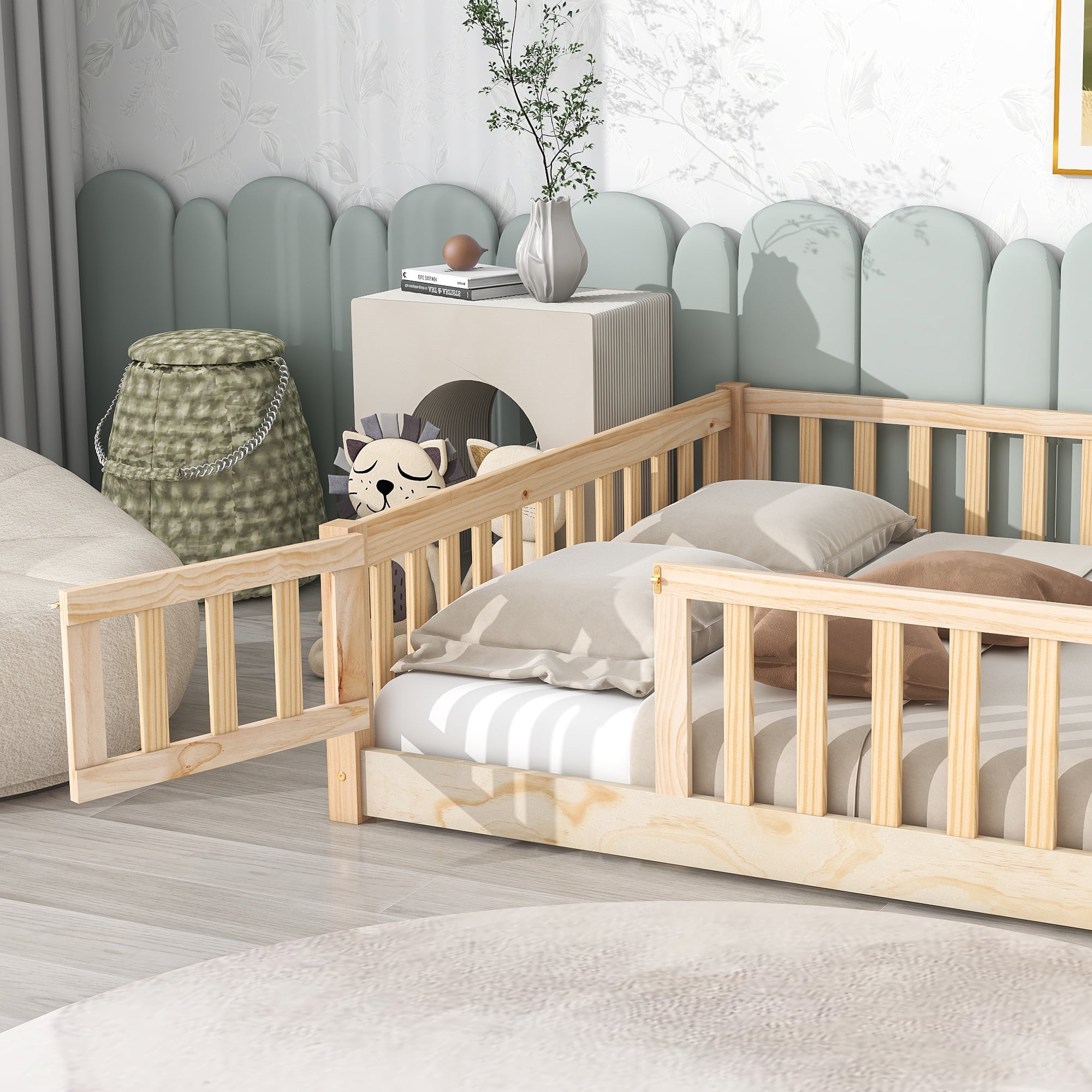 UHOMEPRO Full Size Floor Bed with Fence and Door, Low Profile Montessori Floor Bed for Crib Transition, Solid Wood Cute Bed Frame with Slats Supports, Easy Assembly, No Box Spring Needed, Natural