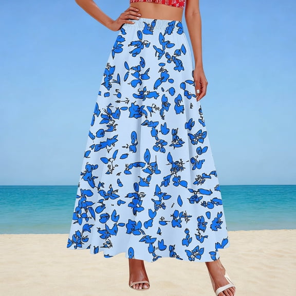 Qulqfy Womens Summer Maxi A-Line Peasant Long Skirts Plus Size 100%Cotton Boho High Waisted with Pockets Sky Blue Drawstring Skirts for Women L