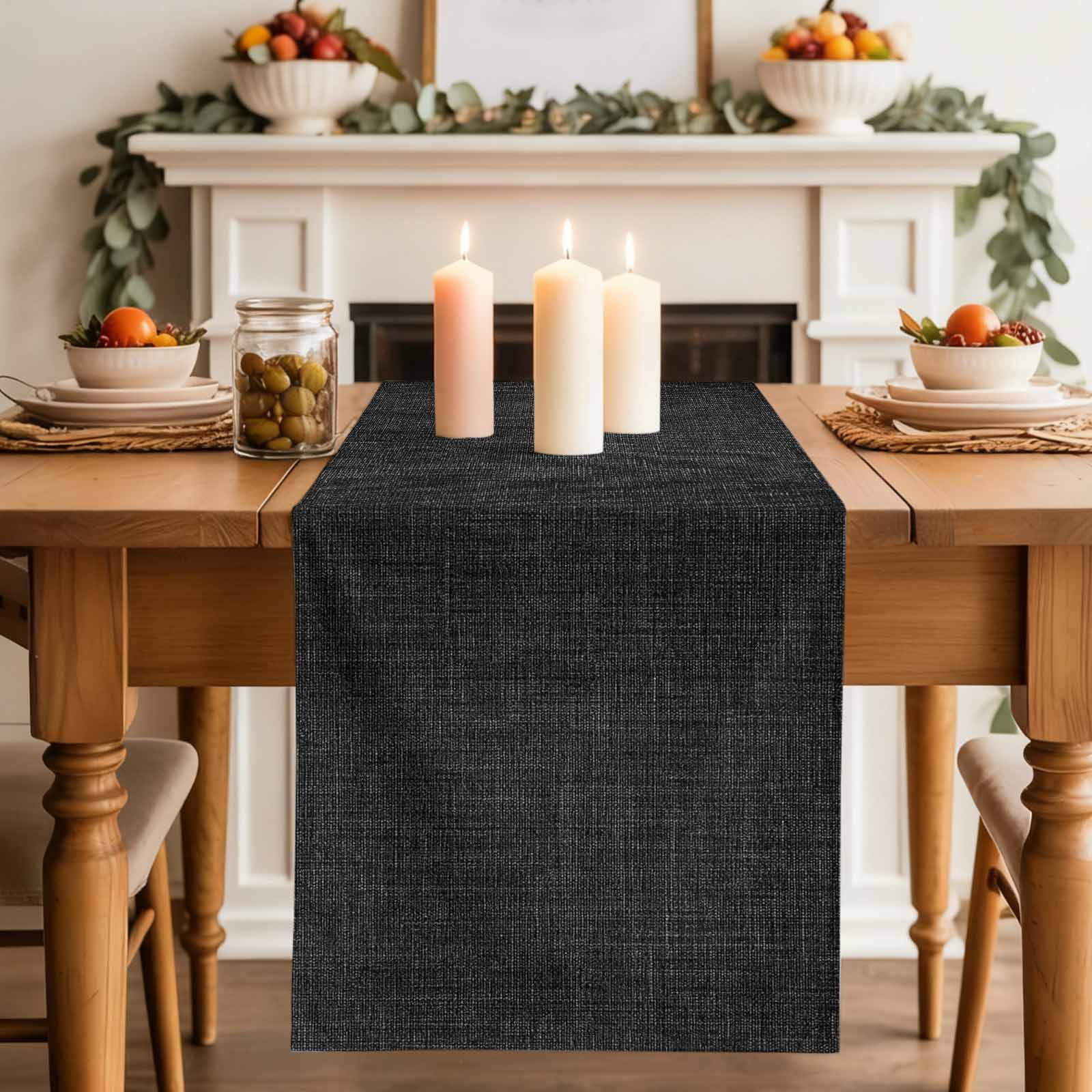 Black Burlap Texture Table Runner, Farmhouse Vintage Black Washable Cotton Linen Table Runners 90 Inches Long, Dresser Scarf Runner for Dining/Coffee/Kitchen/Hallway Tables 13''x90''