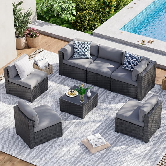 Sunmthink 7 Piece Patio Furniture Set Wicker Rattan Patio Sectional Sofa Set Outdoor Seating Furniture with Thickened Cushion, Gray