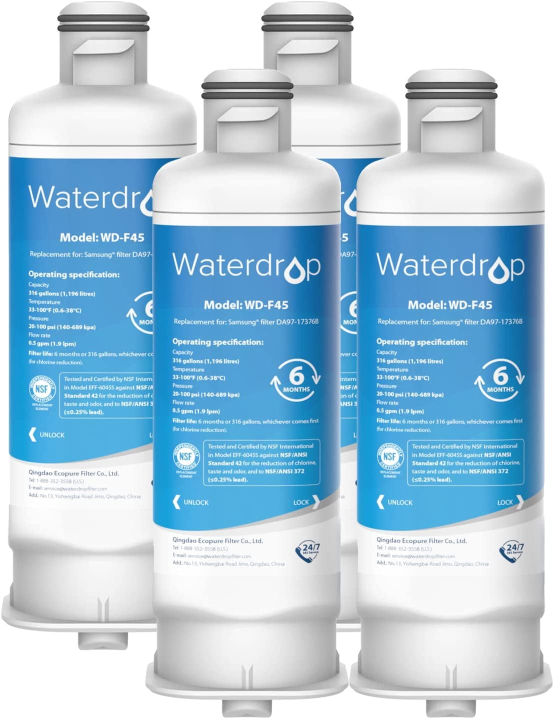 Waterdrop DA97-17376B HAF-QIN refrigerator Water Filter, 4 Pack, NSF ...