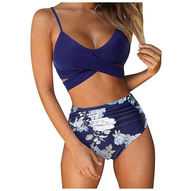 Goth Accessories Women Cross High Waisted String Floral Printed 2 Piece Bathing Suit Bkini