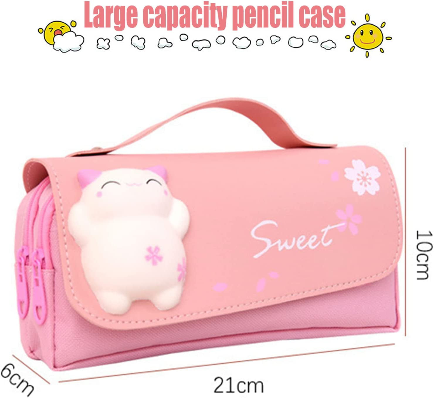 Danceemangoos Danceemangoo Pencil Bag Cute Strawberry Pattern Pencil Case Cartoon Pink Pencil Bag with Bow School Stationery Supplies (White Heart)