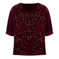 thumbnail image 3 of hotojiny Women's Sparkly Tops Fashion Velvet 3/4 Length Sleeve V-Neck Shirts Sequin Solid Color Blouse Clubwear, 3 of 5