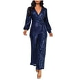 thumbnail image 2 of QATAINLAV Women's Sequin Jumpsuit Party Clubwear Glitter Shiny Wrap V Neck Long Sleeve Romper Slim Fit Straight Wide Leg One Piece Pants Dark Blue XXXL, 2 of 4