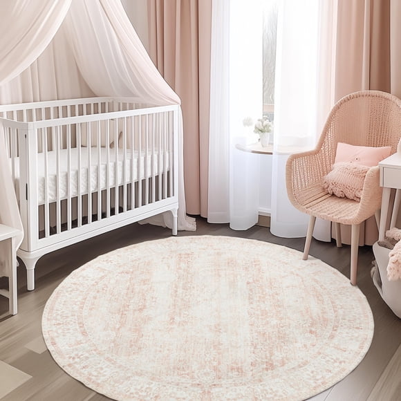 BILEEHOME Round Rug 4x4 Feet 4ft Washable Area Rug Boho Farmhouse Vintage Indoor Floor Cover,Floral Print Blush Pink Circle 4' Ro