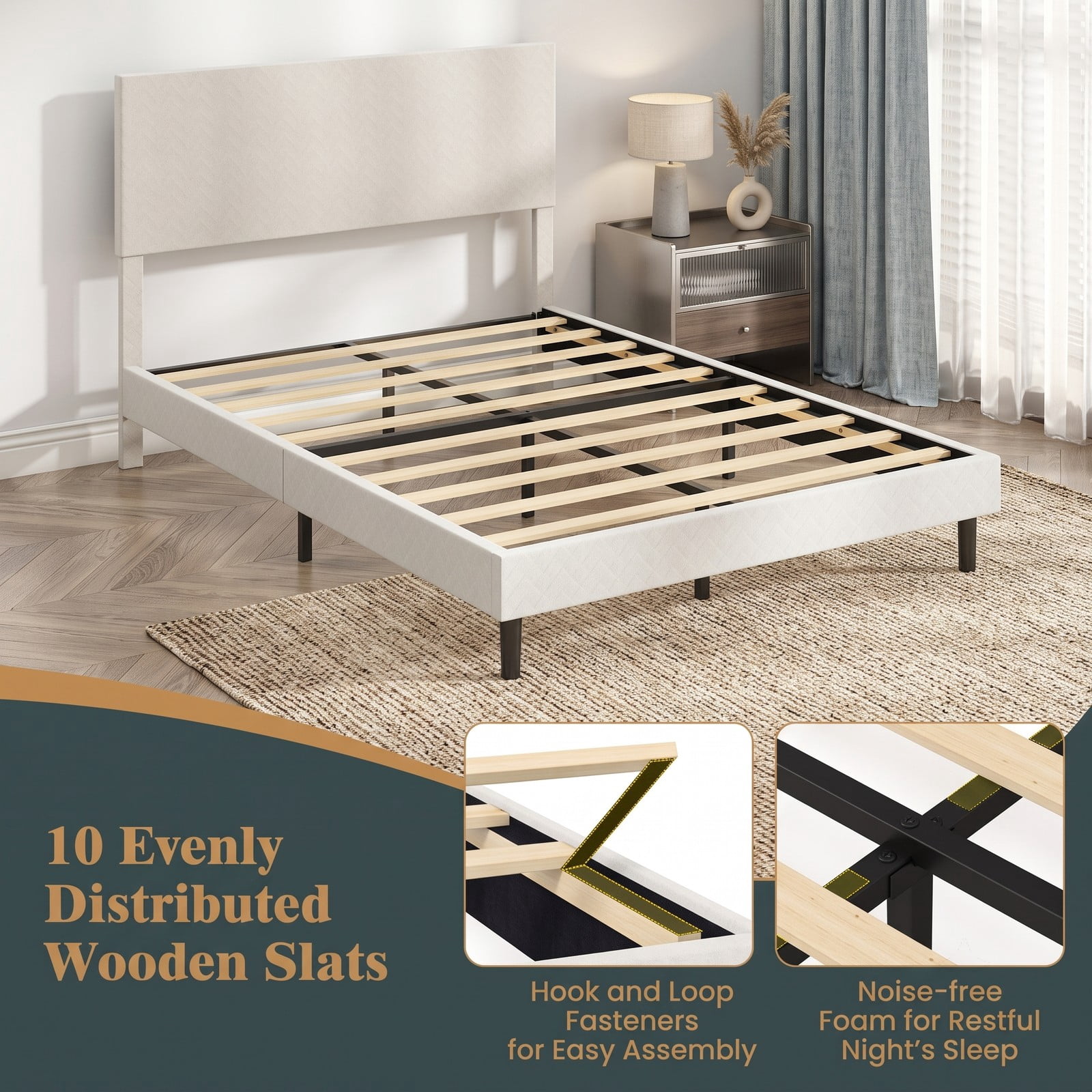 Furnibear Queen Size Bed Frame Velvet Upholstered Platform Bed Frame with Height Adjustable Chevron Headboard and Slats for Bedroom, Beige