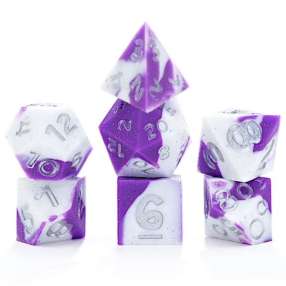 Gate Keeper Games & Dice: Anti-Stress Dice - Amesquisht - 7pc RPG Set, Violet & White Silicone w/ Holographic Glitter, Role Playing Games Accessory