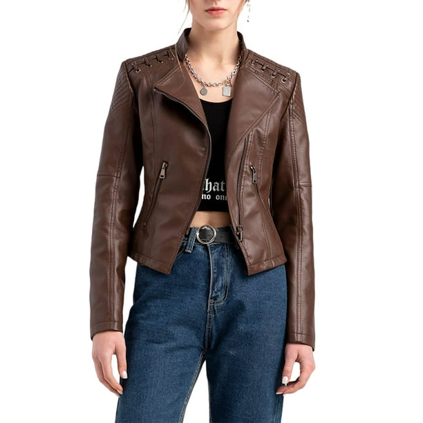 Chaqueta Mujer Biker Bolsillos PU Tallas grandes Moto Coat Traje de calle Kuymtek Cafe T XL para Mujer Bodega Aurrera en linea