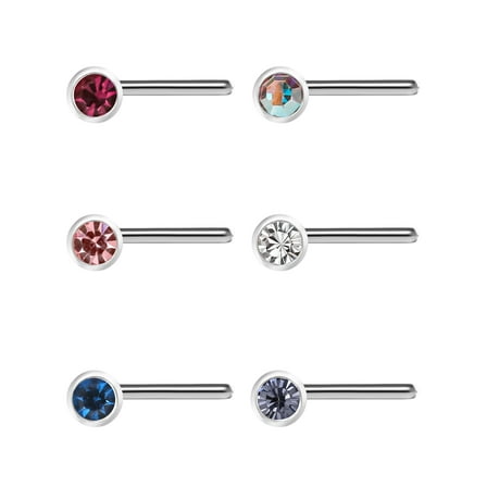 Body Jewelry Spring Revision 22-Gauge L-Shaped Surgical Steel with Crystal Nose Stud, 6 Pack