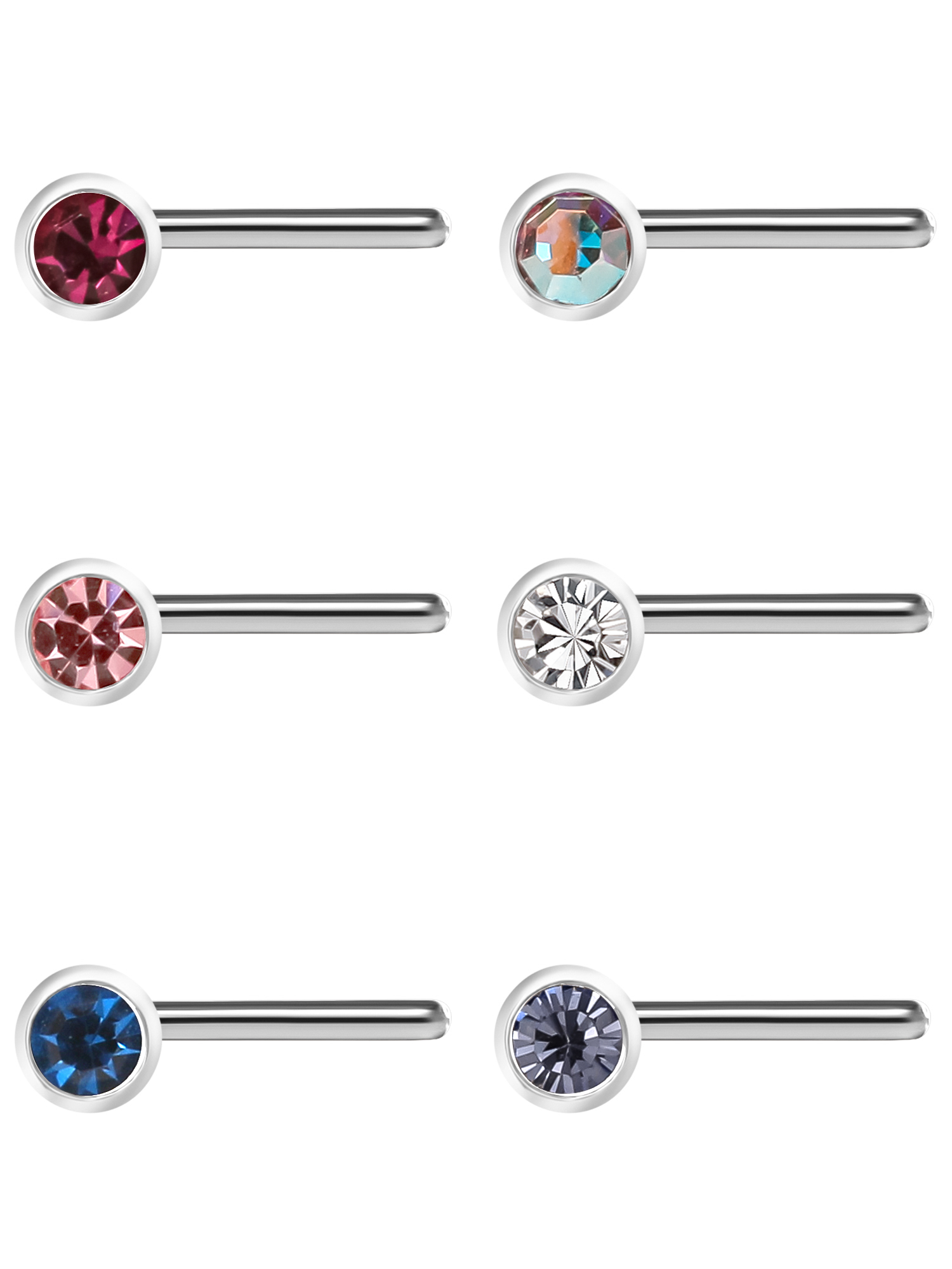 22G L-Shaped Surgical Steel Crystal Nose Stud Set, 6 Pack