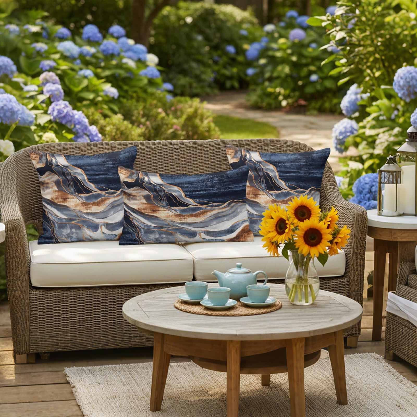 Outdoor Pillow Cover Abstract Blue Brown Wave Set of 2 Waterproof Throw Pillowcases Modern Art Decorative Patio Furniture Pillows for Couch Garden Indoor & Outdoor Use