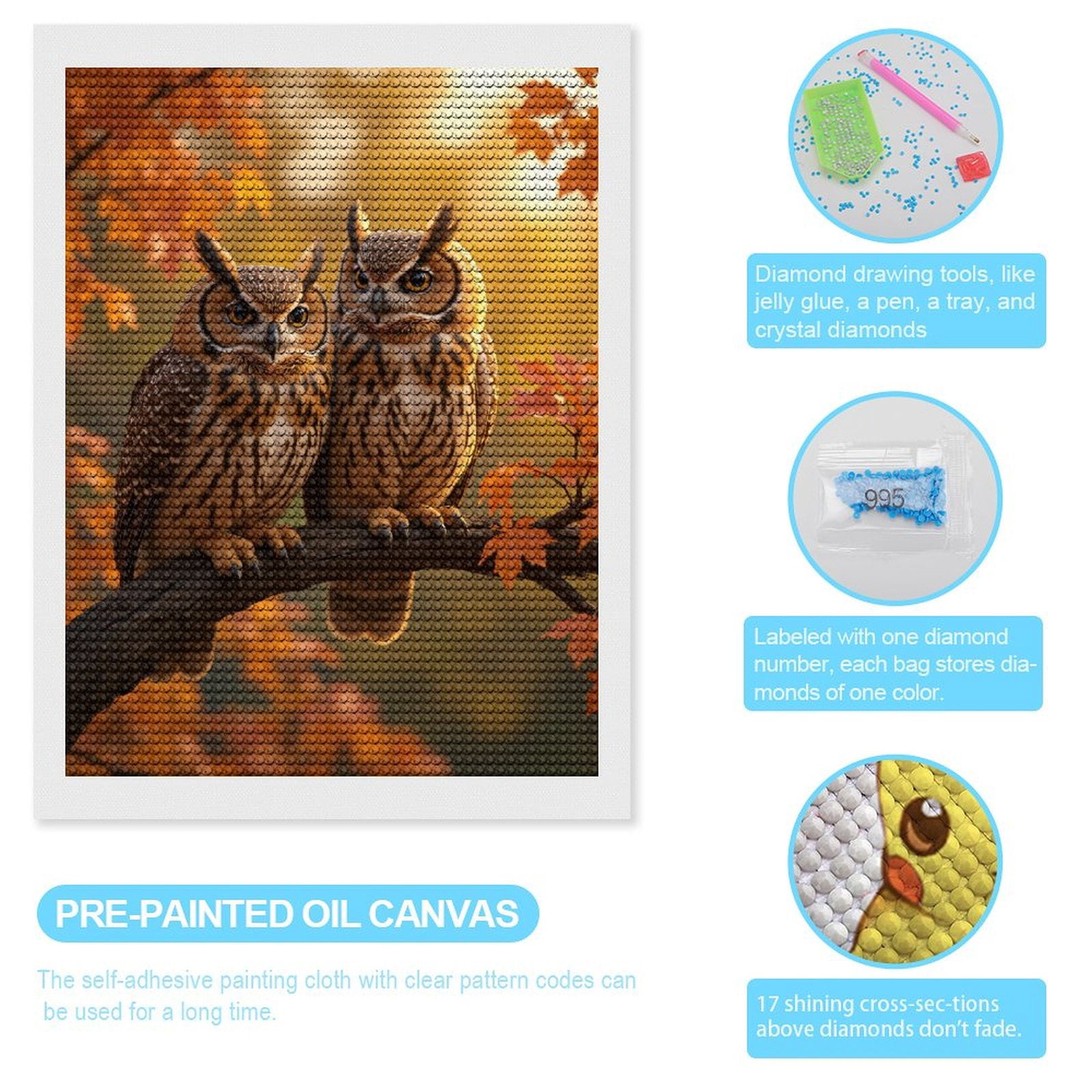 Diamond Art Kits for Adults, Owls Autumn Branch Fall Scene 5D Diamond Painting Kits for Adults Beginners, DIY Full Drill Diamond Painting, Gem Art and Crafts 12x16