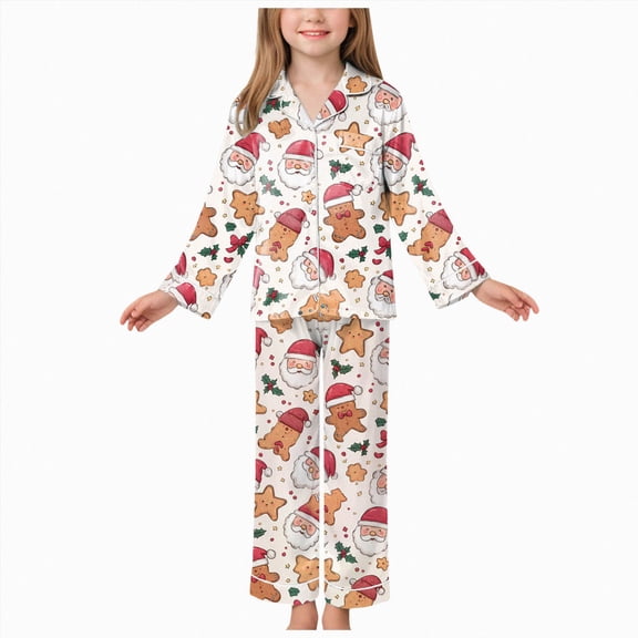 Kakishop Kids Christmas Pajamas Cartoon Print Button Down Pajama Set Boys Girls Long Sleeve Sleepwear 2 Piece (Beige,3-4 Years)
