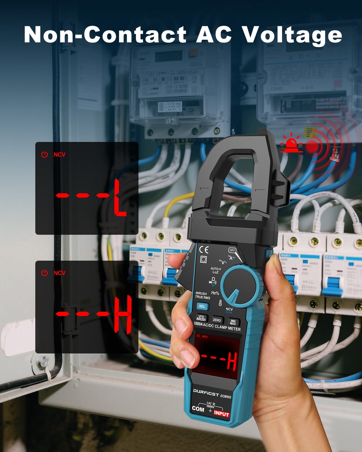 Clamp Meter DURFICST Digital Inrush Clamp Multimeter AC/DC 1000A 6000 Counts Amp Voltage Tester with VFD, LOZ Mode,Measures AC/DC Current Voltage NCV Temperature Resistance Capacitance Frequency