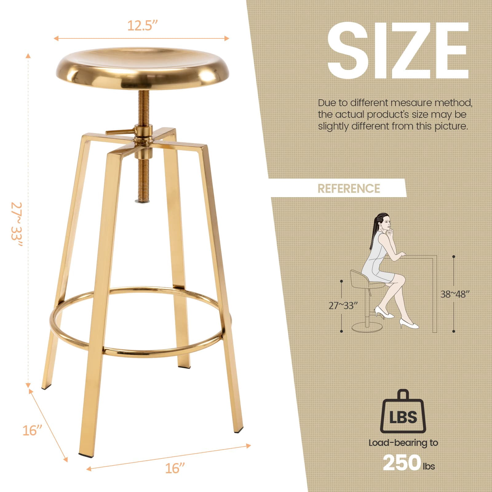 Modern Metal Bar Stools Set of 2, Backless Round Counter Height Swivel Bar Stools for Kitchen Island Dining Pub Cafe (Gold)