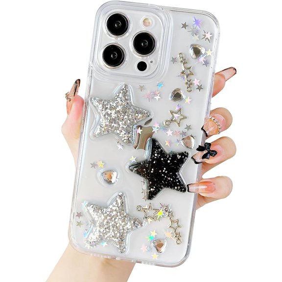 iPhone 15 Pro Max Case Clear Cute Star Crystal Diamind Heart Glitter Shockproof Phone Case for iPhone 15 Pro Max