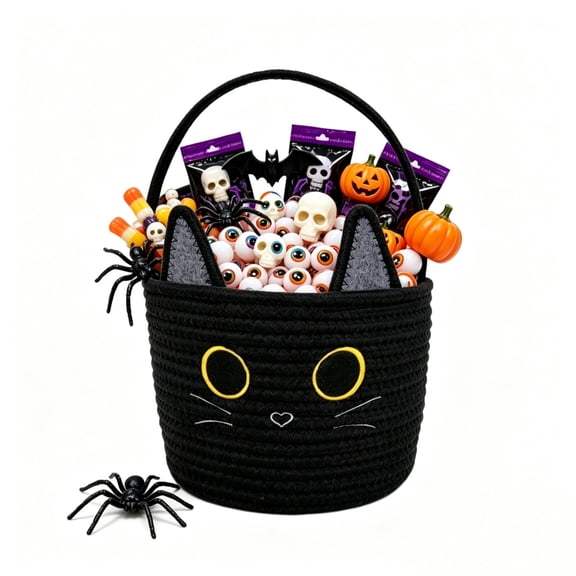MMJ Halloween Candy Basket Black Cat Ear Cotton Rope Handwoven Tote with Handle for Party Trick or Treat Storage 9.06x7.09x6.30in