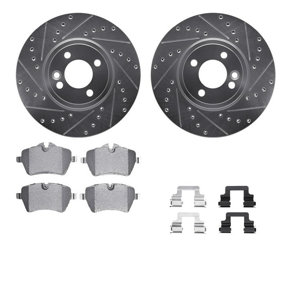 Dynamic Friction Company Front Brake Rotors-Drilled and Slotted-Silver with 5000 Euro Ceramic Brake Pads includes Hardware 7612-32000