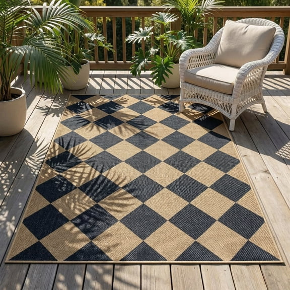 Checkered Easy Jute 3x5 Outdoor Patio Rug, Washable Rugs for Entryway Diamond Indoor Outdoor Living Room Carpet, Farmhouse Neutral Non Slip Black Door Carpet for Backyard Bedroom