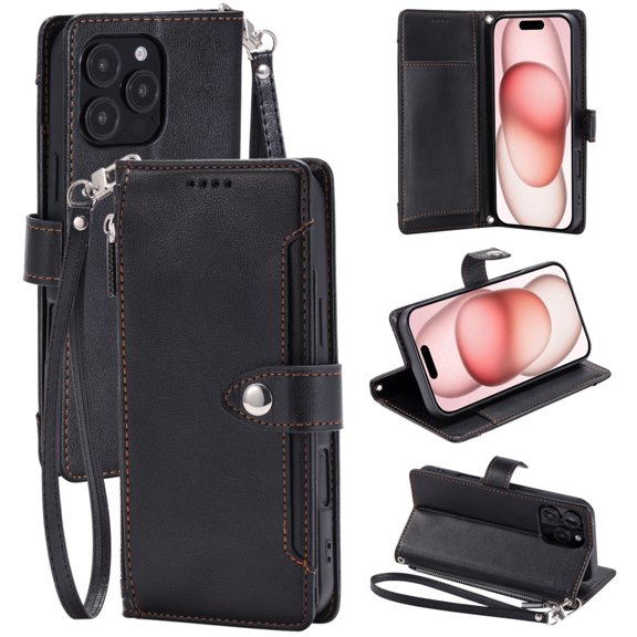 ELEHOLD Crossbody Wallet Case for iPhone 16 Pro Max, PU Leather Zipper Pocket Shockproof Cover with Card Slots and Kickstand, Black