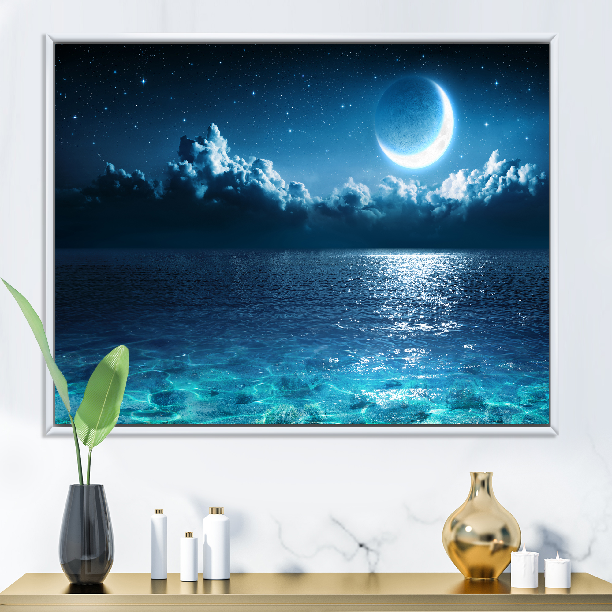 Designart 'Romantic Moon and Clouds Over Deep Blue Sea I' Nautical & Coastal Framed Canvas Wall Art Print