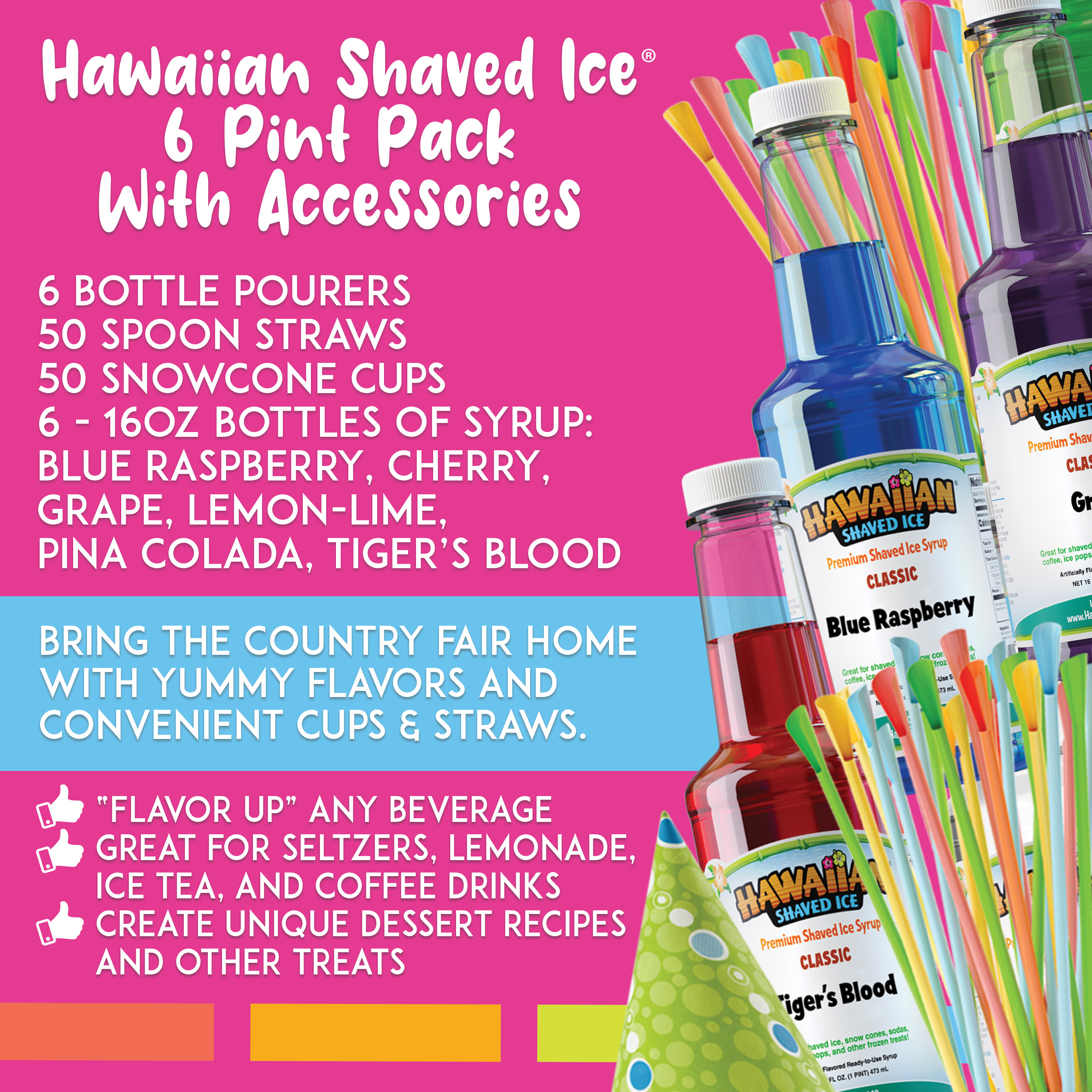 Hawaiian Shaved Ice Snow Cone Syrup Flavor Fun Pack with Accessories  (Pints)