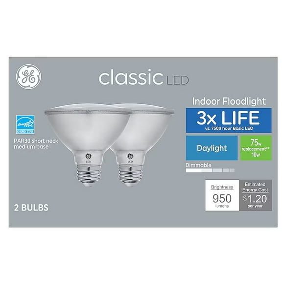 GE classic LED PAR30 Short Neck Indoor Floodlight, 10 watt, 950 lumen, Daylight, Dimmable, 75000 hour life, LED Light Bulb, medium base (2 bulbs)
