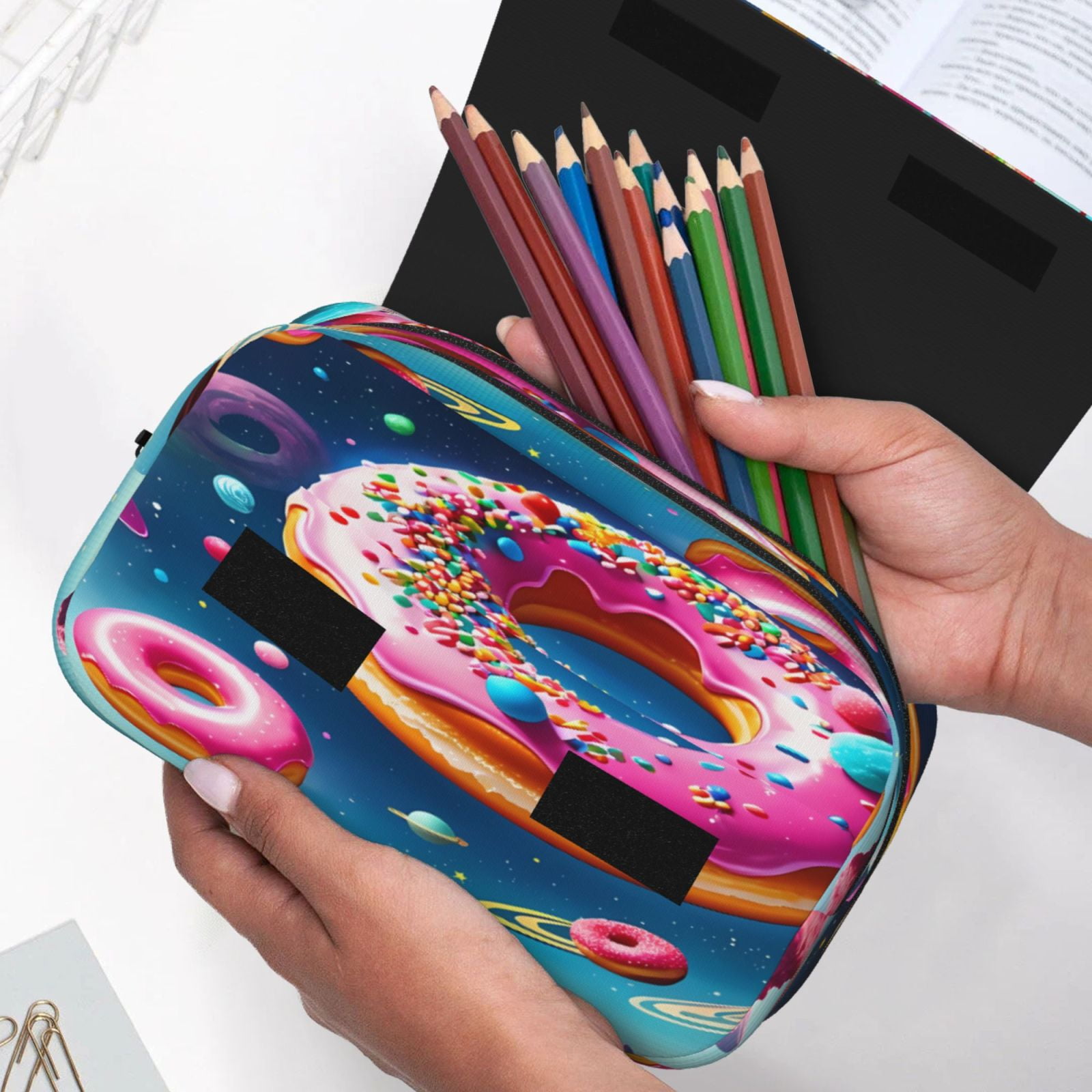 Rateoe Starry Sky Colorful Donut Pattern Double Clamshell Pen Case, Storage Organizer with Two Zipper Compartments– Holds Up to 50 Pencils & Pens
