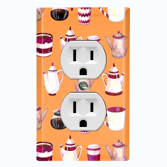 Metal Light Switch Wall Plate Outlet Cover (Coffee Mocha Espresso Tea Pot Kettle Maker Festive Cup Orange Pattern - Single Duplex)