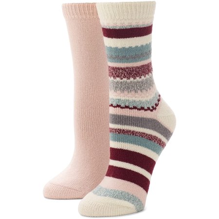 HUE womens Crew Boot Sock 2 Pair Pack One Size Ivory Stripe/Barely Pink - 2 Pair Pack