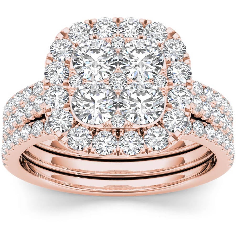 Imperial 2 Carat T.W. Diamond Single Halo Cluster Two-Band 14kt Rose Gold Engagement Ring Set by Imperial Jewels