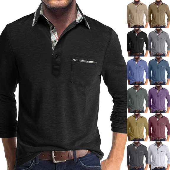 Men's Long Sleeve Polo Shirts Casual Button Golf Tshirt Moisture Wicking Cotton Tee Collared Basic Shirts with Pocket Black XXL