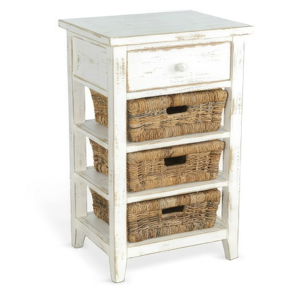 Rena End Table- 3 Natural Rattan Storage Baskets- 20 Inch White Wood