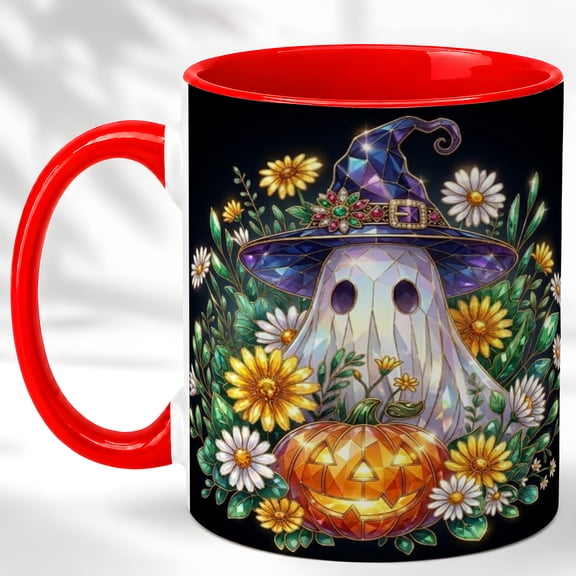 Witch Ghost Coffee Mug, Halloween Floral Mug, Ceramic 11 oz