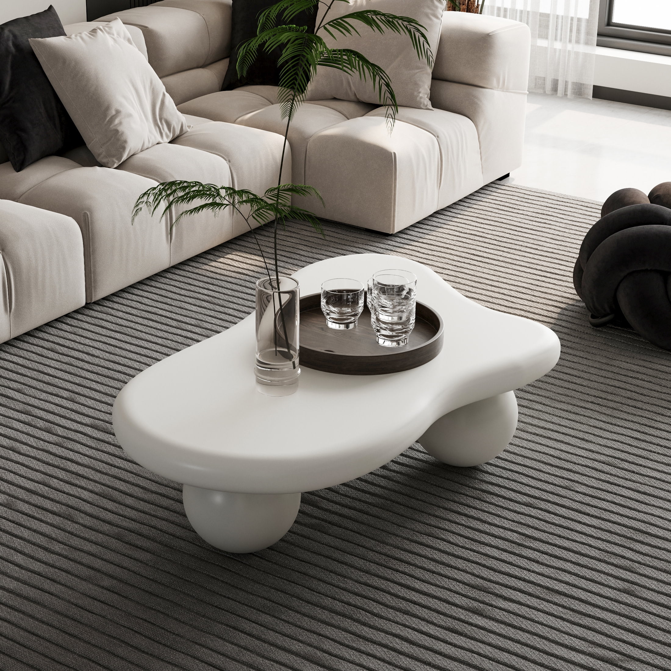 Noble House 40" Cloud Shaped Coffee Table with Ball Legs, Modern Aesthetic Accent Table for Living Room, White