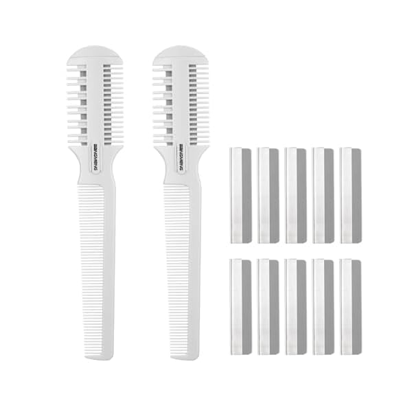wonim44 2 Sets Haircut Razor Comb Double Edge Hair Thinning Razor Comb with 5 Pcs Spare Blades Styling Scissors Comb Split Ends Trimmer for Thin and Thick Hair Trimming and Styling Hair Cutting Tool