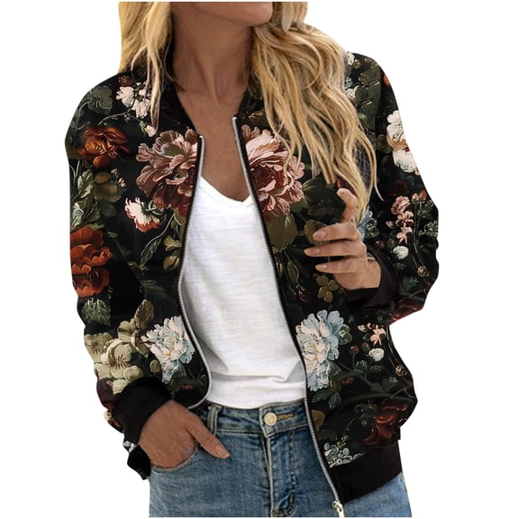 Women Vintage Floral Bomber Jacket, Zip Up Baseball Collar Long Sleeve Coat, Elastic Rib Cuffs Hem Casual Lightweight Outerwear with Pockets Black,L