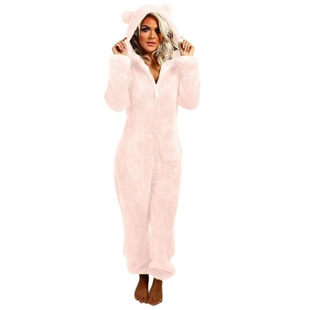 

Sherpa Jumpsuit for Women Fuzzy Fleece Onesies Pajamas Winter Warm Hooded Rompers Zipper Sleepwear Long Sleeve Loungewear