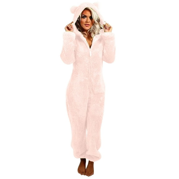 S-5XL Winter Fleece Warm Romper Onesie for Women 2024 Solid Cute Cat Ear Hooded Jumpsuit Plus Size Zip Up Pajamas