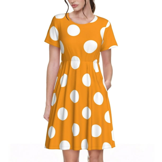 Fotbe Orange And White Polka Dot Vestido Largo de Moda para Mujer, Vestido Tipo Camiseta con Manga Corta y Estilo Casual a Rayas y Bloques de Color