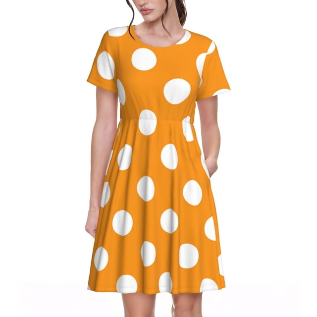 Fotbe Orange And White Polka Dot Vestido Largo de Moda para Mujer, Vestido Tipo Camiseta con Manga Corta y Estilo Casual a Rayas y Bloques de Color