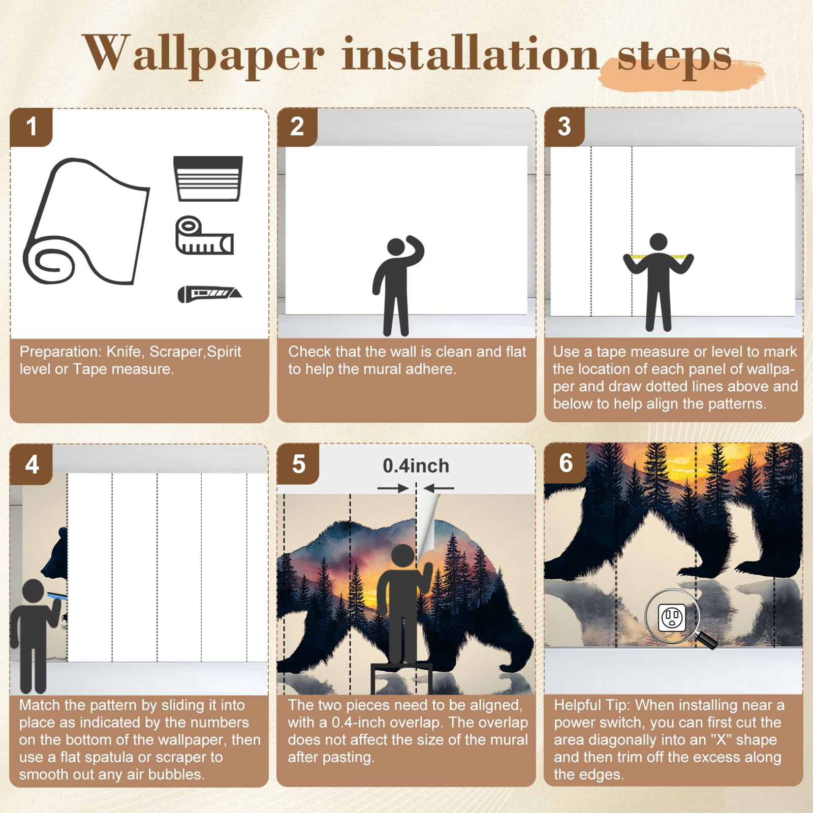 Wallpaper Animal Forest Scene Bear Trees Sunset Silhouette Peel and Stick Wall Murals 100"H x 144"W Removable PVC Wall Paper Self-Adhesive Wall Paintings Art Decor for Bedroom Living Room